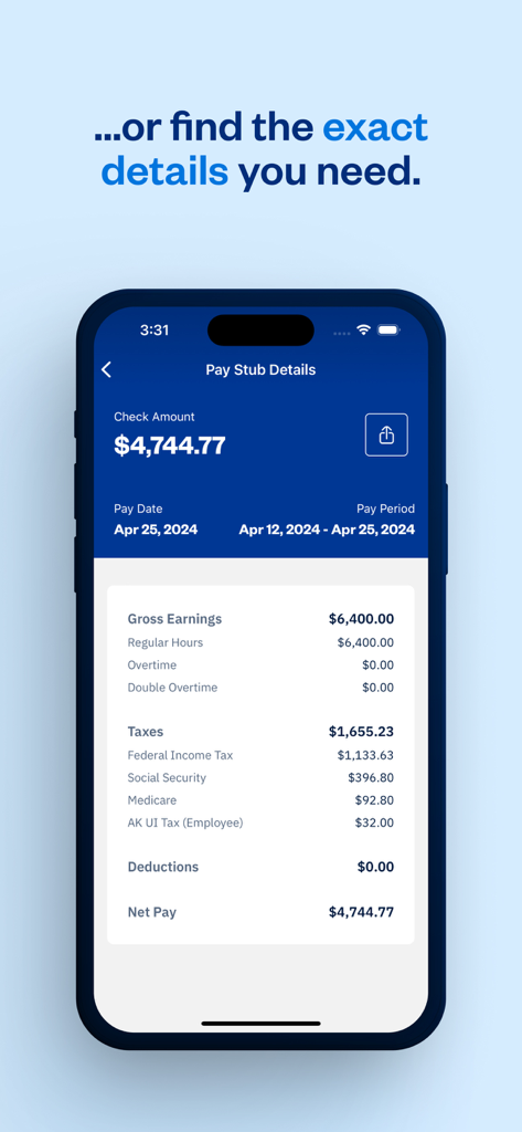 L'application mobile FreshBooks Connect montre les détails du bulletin de paie, y compris les revenus bruts, les impôts et le salaire net.