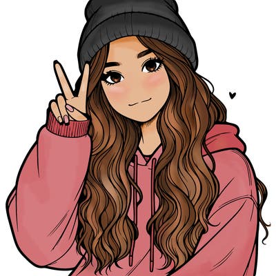 a teenage girl in a beanie, oversized sweatshirt, wavy long hair, and is showing a ✌️