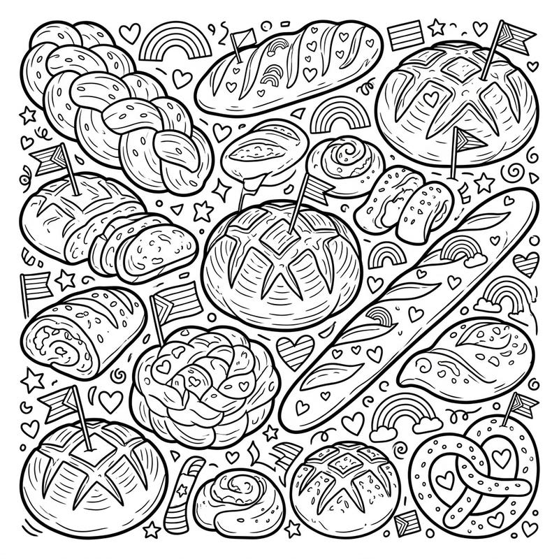 Get ready to celebrate Pride Month with this heartwarming coloring page packed with delicious bread and savory bakes! Each treat is adorned with festive symbols of love and diversity, waiting for your creative touch.