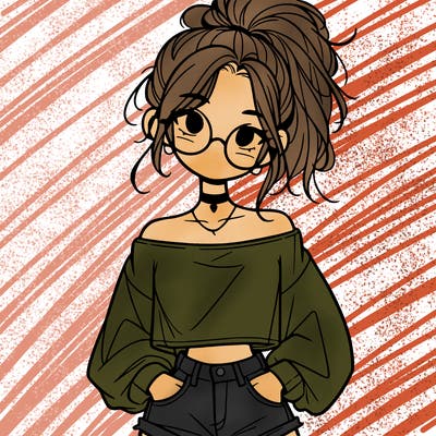 girl with a messy ponytail glasses a baggy crop top and jean shorts