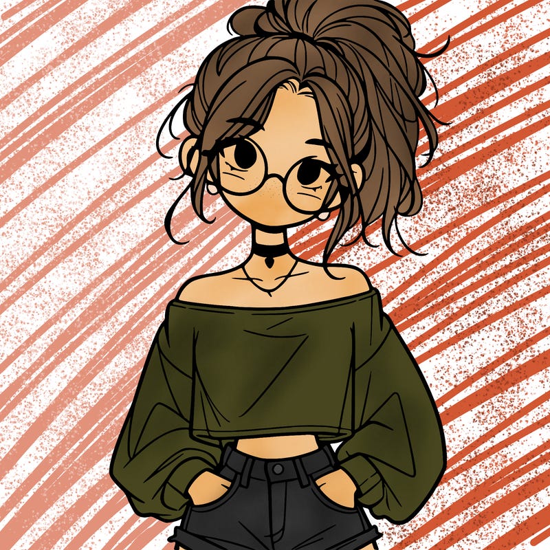 girl with a messy ponytail glasses a baggy crop top and jean shorts