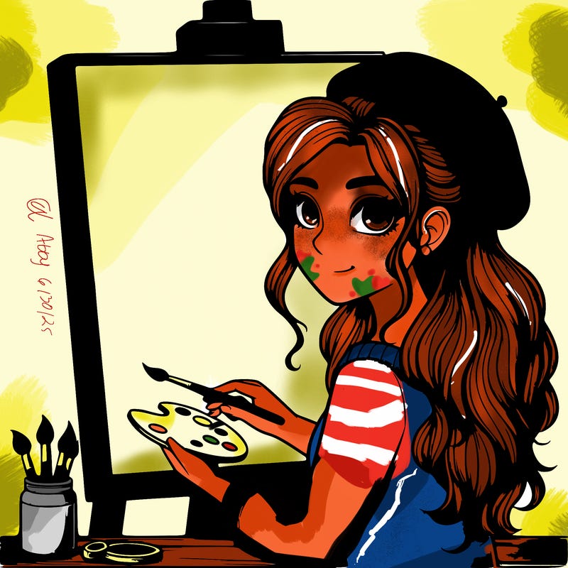 realistic girl artist painting a blank canvas