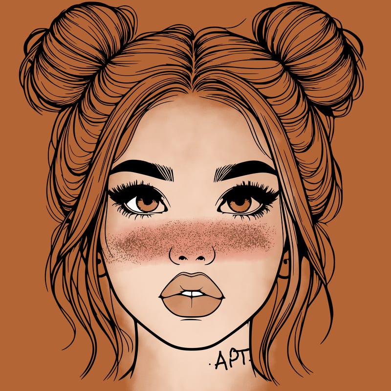 realistic girl with two buns on her hair and lips