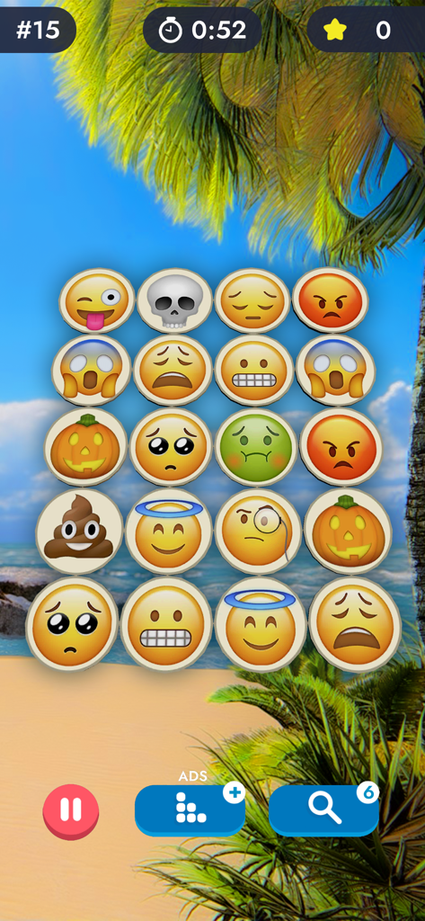 Match Pairs 3D: Matching Game - A mobile game screenshot of Match Pairs 3D showing a grid of emoji icons on a beach background with a timer and level count.