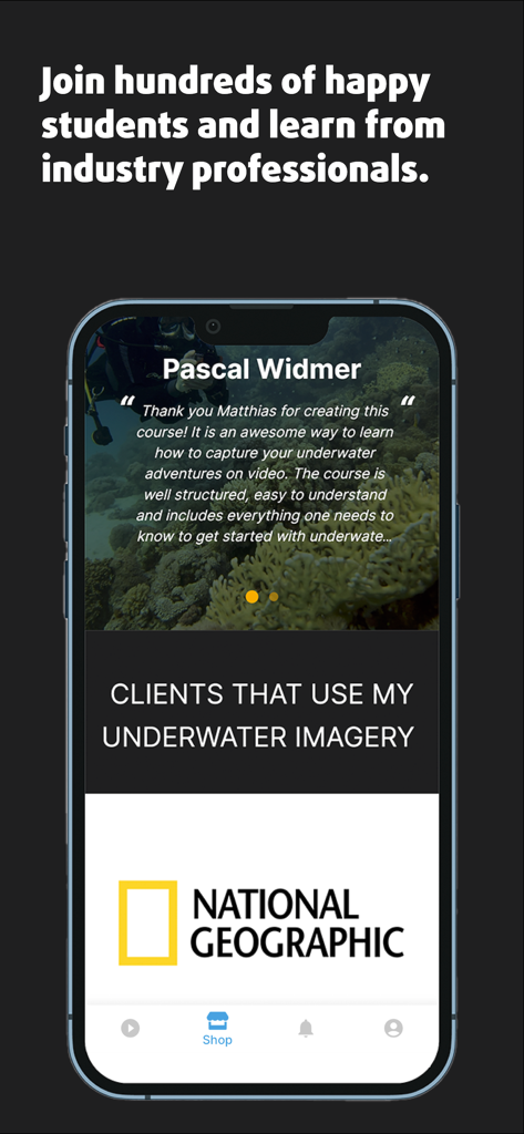 Underwater Video Academy - Captura de pantalla de la aplicación que muestra un testimonio de un estudiante y el logotipo de National Geographic como cliente del instructor