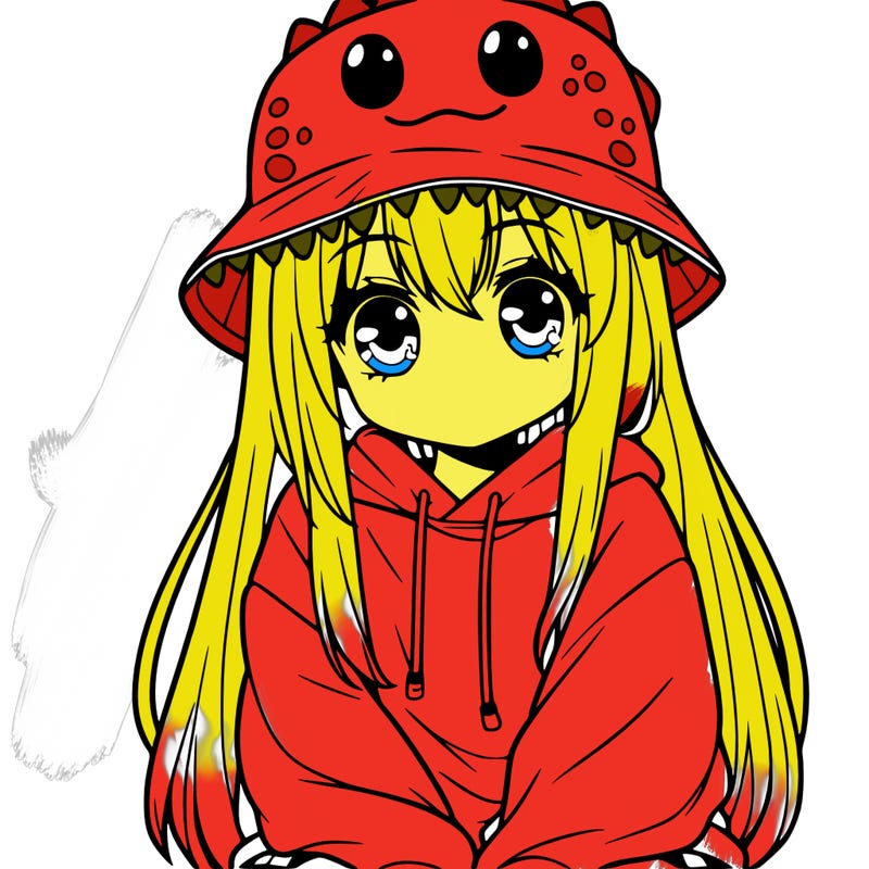 girl with anime shaped eyes with a dinosaur bucket hat oversized sweatshirt long straight hair