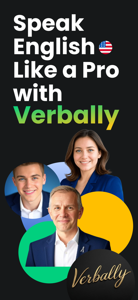 Speak English with Verbally AI - Werbebanner für die Verbally AI Englisch-Sprech-App mit verschiedenen Fachleuten