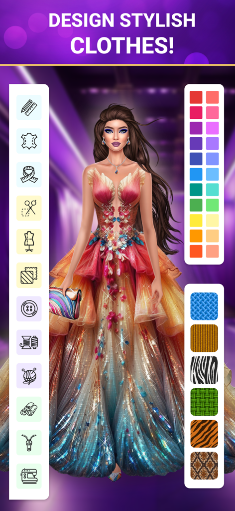 SUITSME: Dress Up Fashion Game - A fashion design screen in SUITSME game showing a model in a colorful sparkly gown with color and texture selection tools