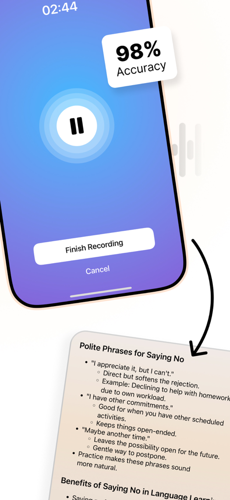 AI Note Taker: Voice & Video - AI Note Taker interface showing a live voice recording being converted into a structured bulleted summary.