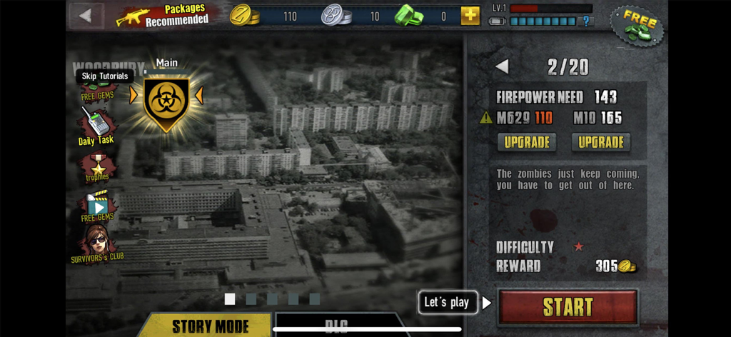 Pantalla de selección de misión de Zombie Frontier 3 que muestra detalles del nivel y opciones de mejora de armas sobre un mapa de una ciudad postapocalíptica