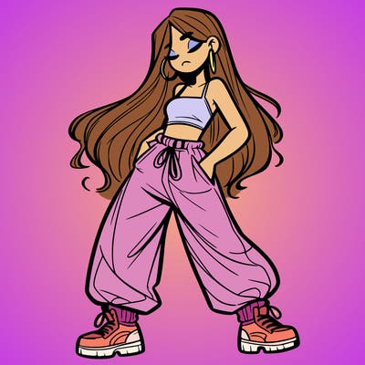 girl in baggy pants crop top and long hair