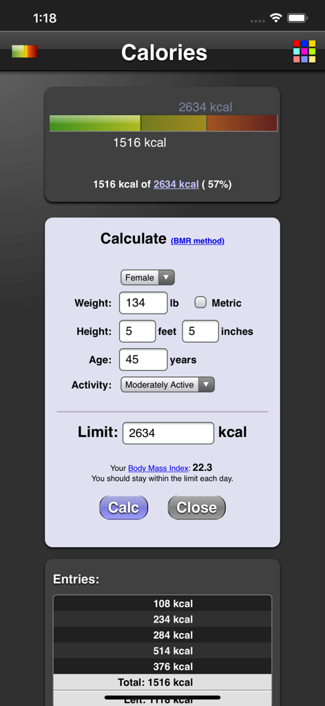 Calories - Interfaccia dell'app Calorie che mostra il calcolatore BMR e il progresso del tracciamento calorico giornaliero