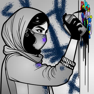 realistic girl with mask spray painting a wall