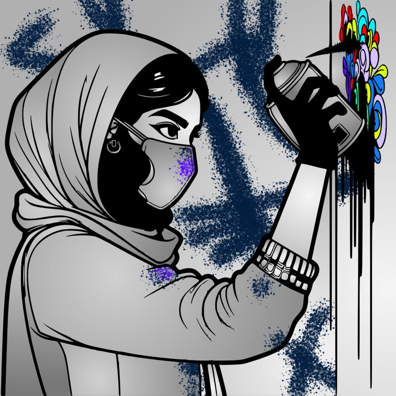 realistic girl with mask spray painting a wall