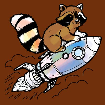 realistic raccoon flying on top rocket ship