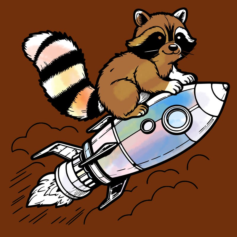 realistic raccoon flying on top rocket ship