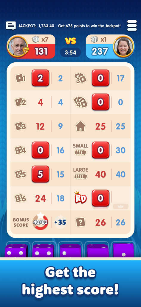 Royaldice: Dice with Everyone - A head-to-head match in Royaldice showing a detailed scorecard with player profiles and purple dice at the bottom.