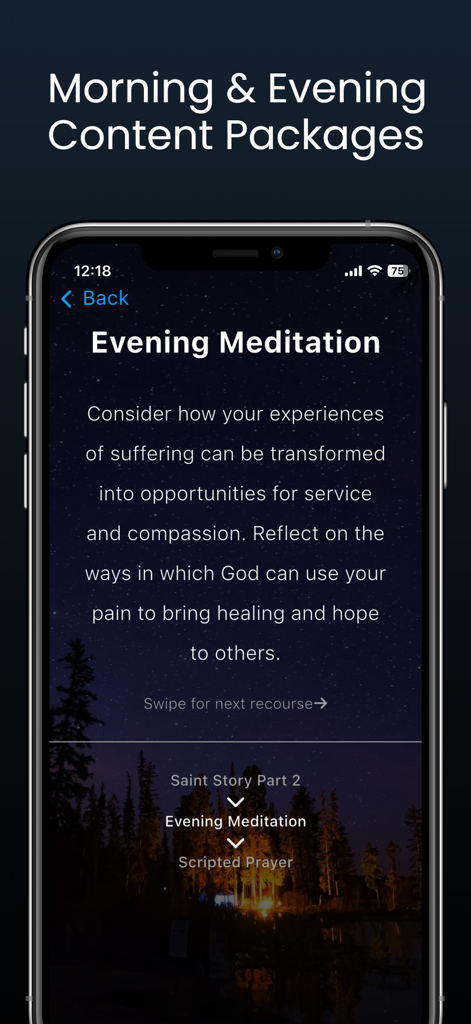 Evening meditation screen in the Saint Steps app showing spiritual reflection text with a starry night background