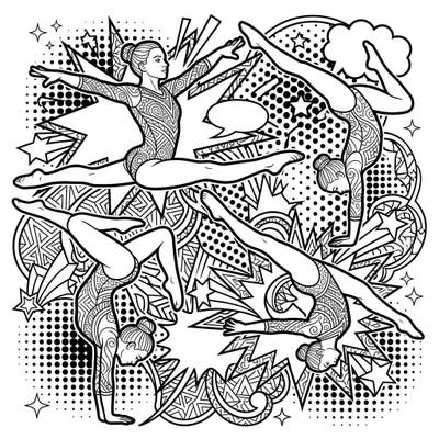 Unleash your creativity with this vibrant Pop Art coloring page featuring acrobatic gymnasts in action. This intricate design is perfect for adults seeking a challenging and rewarding artistic experience.