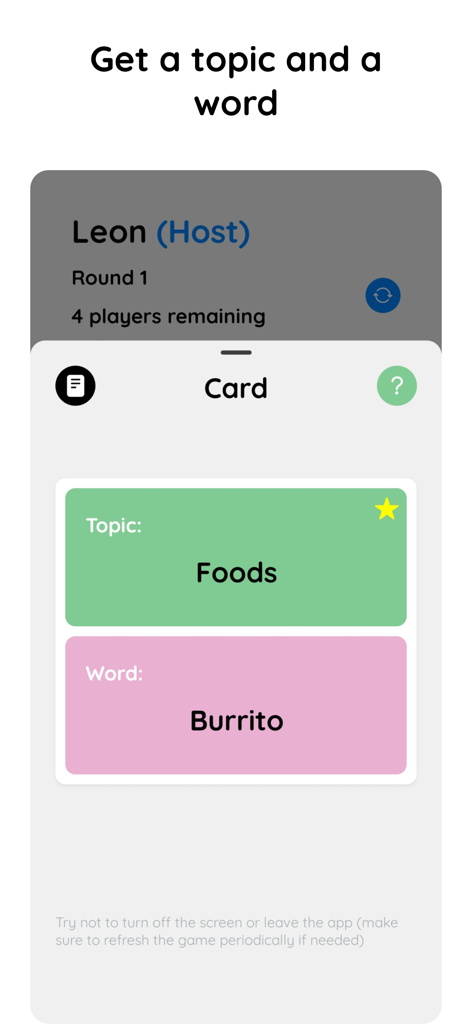 Chameleon game screen showing a card with topic Foods and word Burrito