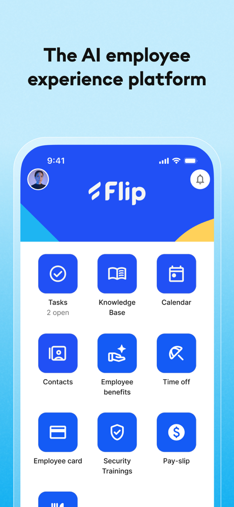 Flip-App - Flip-App mobile dashboard showing HR self-service tools like tasks, calendar, and payslips for frontline workers