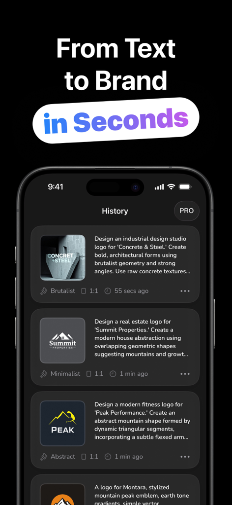 AI Logo Generator - LogoLab - AI logo generator app showing history of branded designs from text prompts