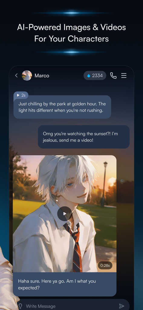 Dewy: Chat with AI Characters - A chat interface in the Dewy app showing an AI character named Marco sending an AI-generated video message in response to a user request.