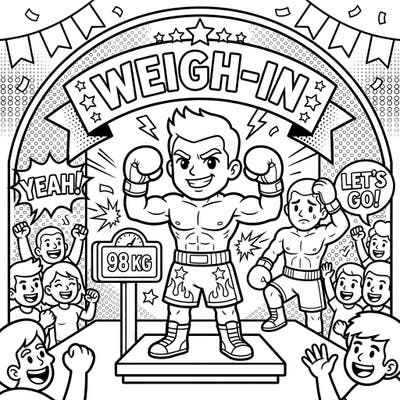 Feel the pre-fight buzz with this energetic Boxers Weigh-In coloring page, rendered in an iconic Pop Art style. Unleash your creativity on bold comic-book outlines and dynamic crowd scenes as you prepare for the main event.