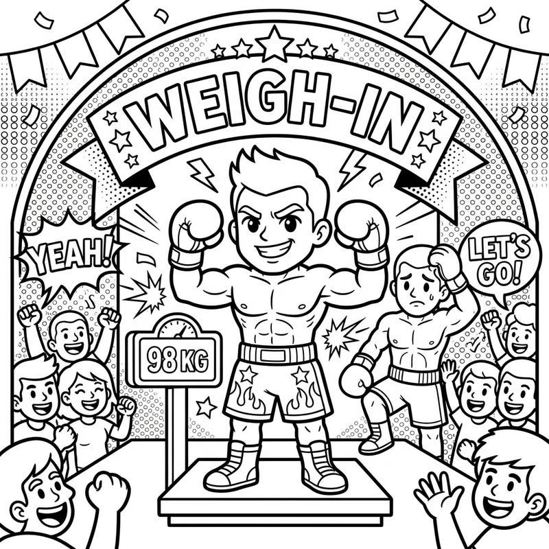 Feel the pre-fight buzz with this energetic Boxers Weigh-In coloring page, rendered in an iconic Pop Art style. Unleash your creativity on bold comic-book outlines and dynamic crowd scenes as you prepare for the main event.