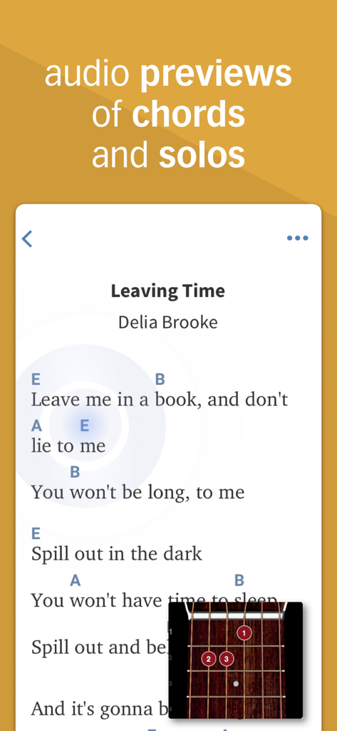 Guitar song sheet in TabBank app featuring lyrics, chords, and an interactive audio preview animation for songwriting.