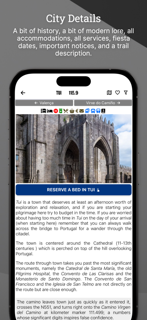 Wise Pilgrim app screenshot showing city information and cathedral photo for Tui