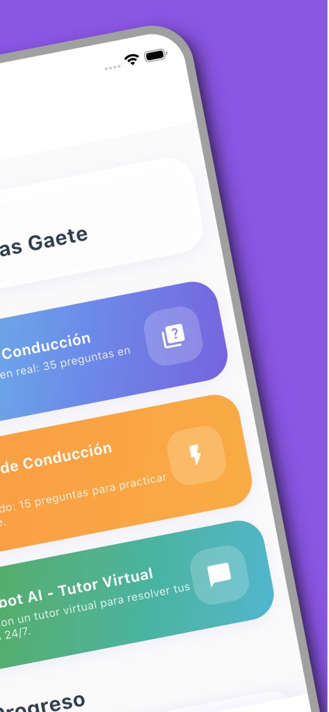 Interface of Conduzy app showing driving study modules and AI virtual tutor