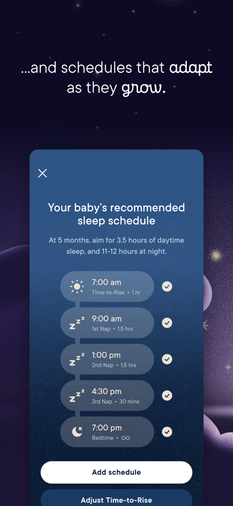 Hatch Sleep - Screenshot of the Hatch Sleep app displaying a recommended daily sleep schedule for a five-month-old baby.