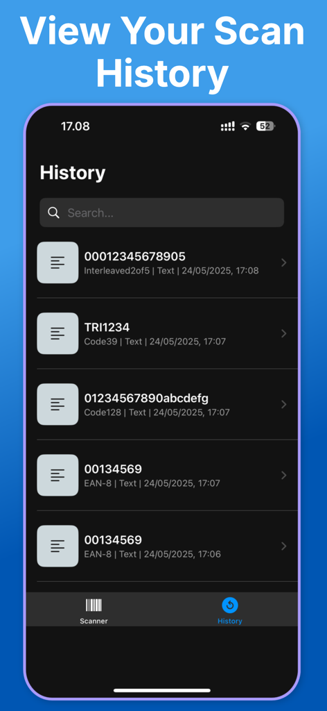 Bar Code Reader ™ - App screen showing a detailed list of previously scanned barcodes with their numerical data and timestamps