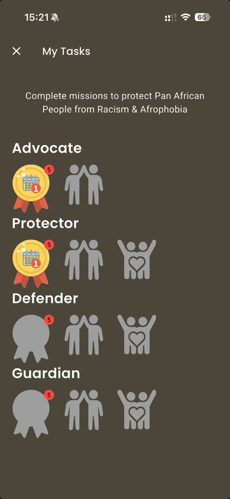I Love Black People SafePlaces - La pantalla Mis Tareas que muestra los niveles de defensa Defensor Protector y Guardián en la aplicación I Love Black People SafePlaces.