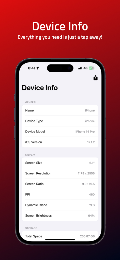 iDevice Info App - iDevice Info App displaying iPhone 14 Pro general and display specifications