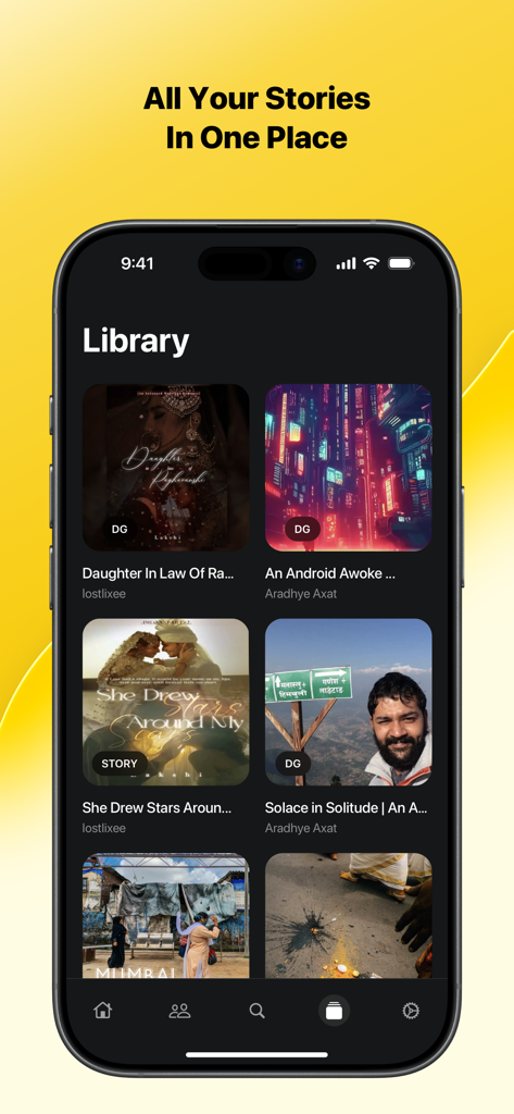 Stck Reader app library screen displaying a collection of serialized fiction and indie book covers in dark mode