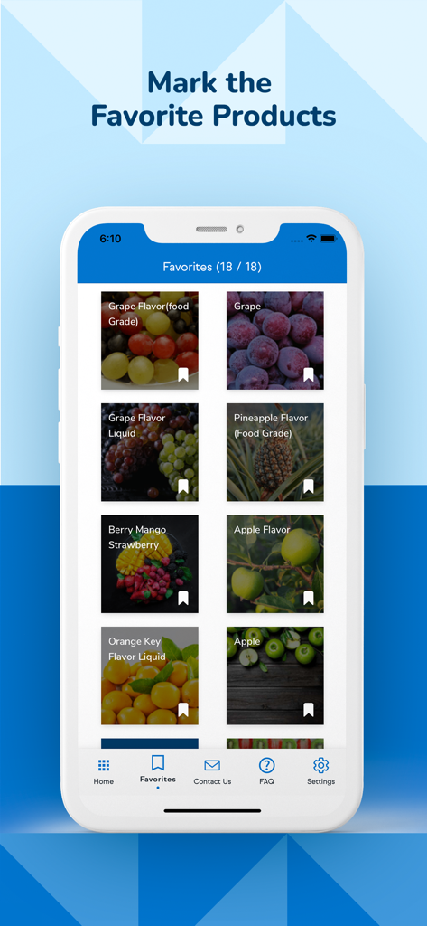 IFF PRODUCT FINDER - IFF PRODUCT FINDER app favorites page with saved flavor ingredients like grape and pineapple