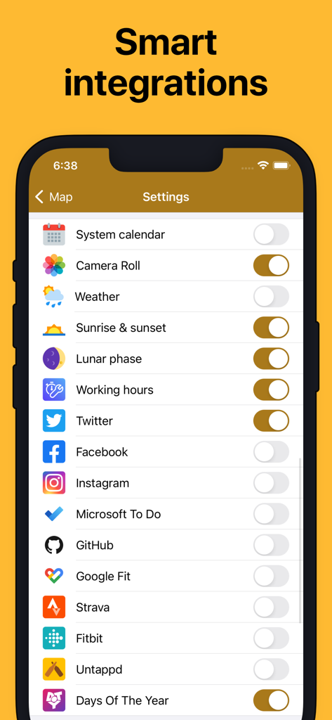 Diarium Journal: Private Diary - List of smart integrations in Diarium Journal app including fitness and social media trackers