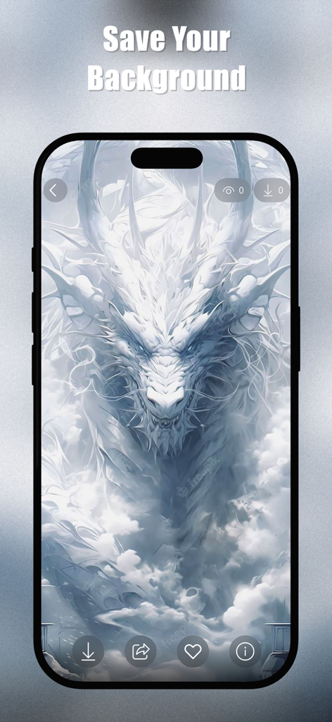 Dragon Wallpapers 3D - A majestic white dragon wallpaper displayed on a smartphone screen inside the app interface.