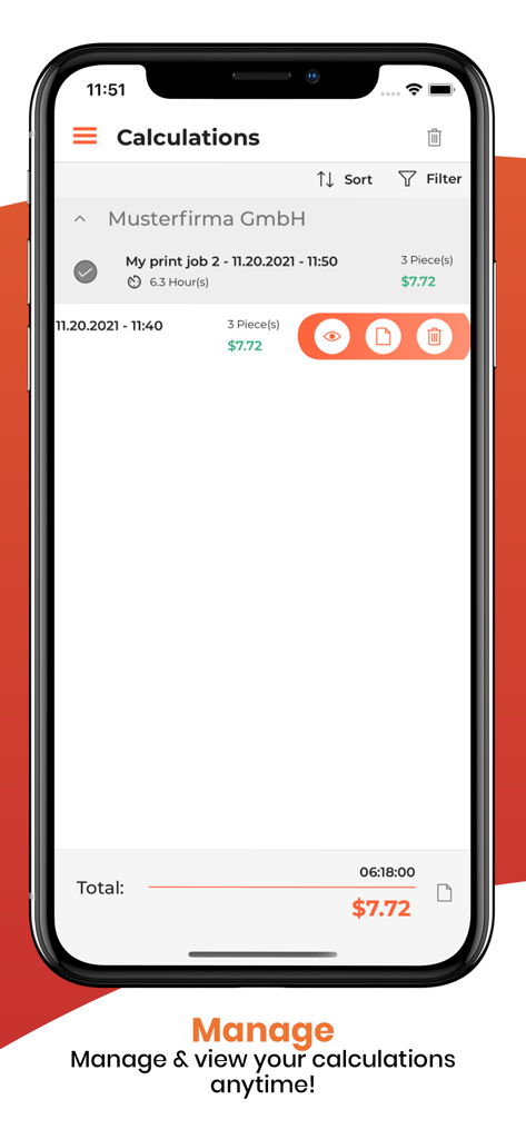 Interfaz de Calculadora de Costos de Impresión 3D Pro que muestra una lista de cálculos de trabajos de impresión guardados para la gestión empresarial