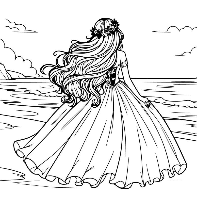 beautiful girl with long hair and a big gown glowing in the wind turning her back on a beach
