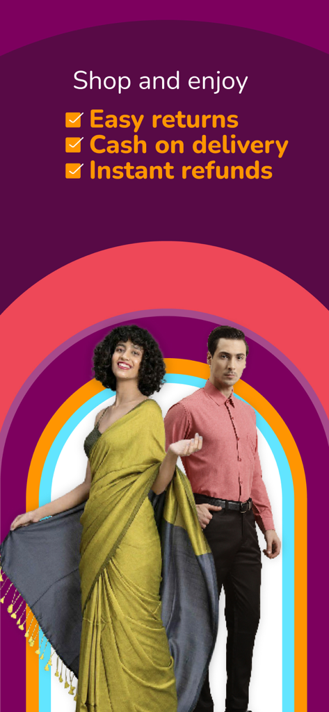 Meesho app promotion showing models in ethnic and casual wear with highlights on easy returns and cash on delivery benefits