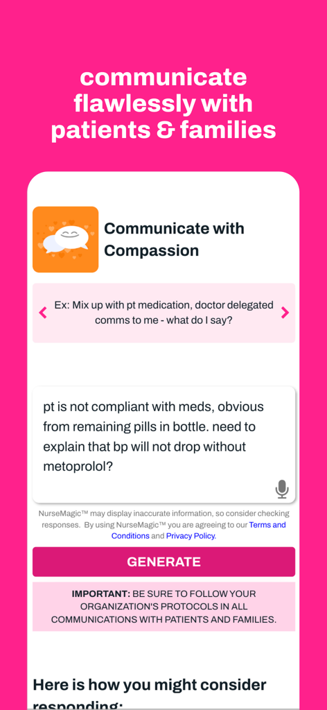 NurseMagic - Screenshot of the NurseMagic app showing the Communicate with Compassion tool for nurse patient communication