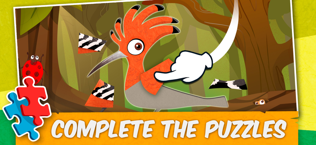 Birds: Puzzles & Games Kids 2+ - Jeu de puzzle d'un oiseau huppe pour tout-petits avec des éléments forestiers interactifs