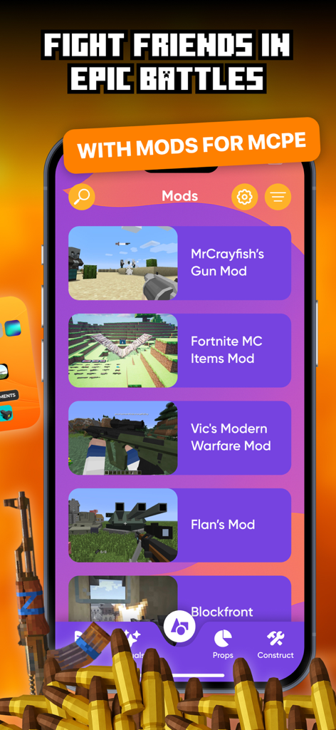 Guns Mods for Minecraft - Pantalla de la aplicación móvil que muestra una lista de mods de combate y armas para Minecraft, incluyendo temas de Fortnite y Modern Warfare.