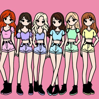a group of girls wearing crop tops and shorts