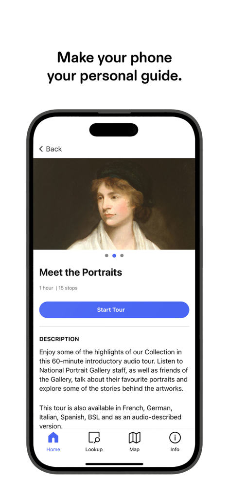 Connects: Arts+Culture - Smartphone screen showing the Bloomberg Connects app featuring an introductory audio tour for portraits at the National Portrait Gallery