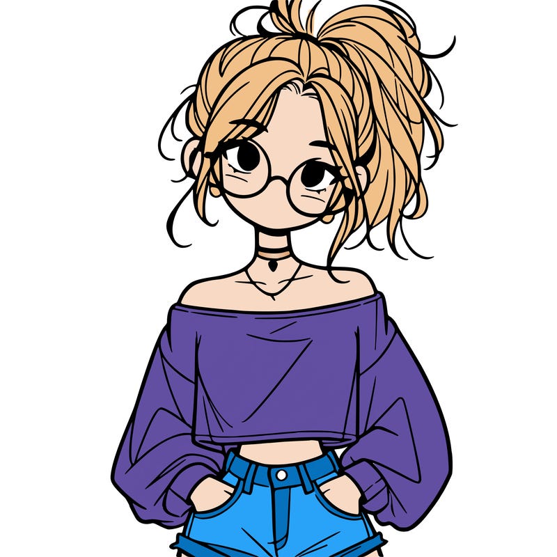girl with a messy ponytail glasses a baggy crop top and jean shorts