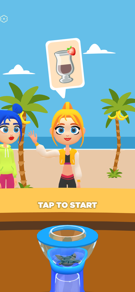 Un cliente pidiendo un batido en un chiringuito tropical en el juego Blend It 3D